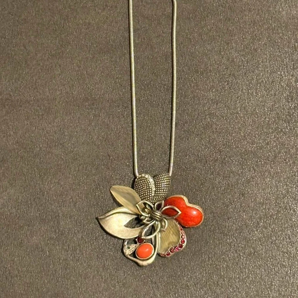 Silver & Red Flower Pendant Necklace